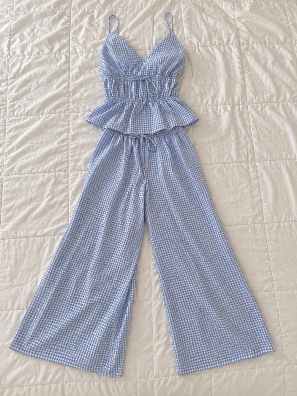 Cider Light Blue Gingham Wide-Leg Jumpsuit